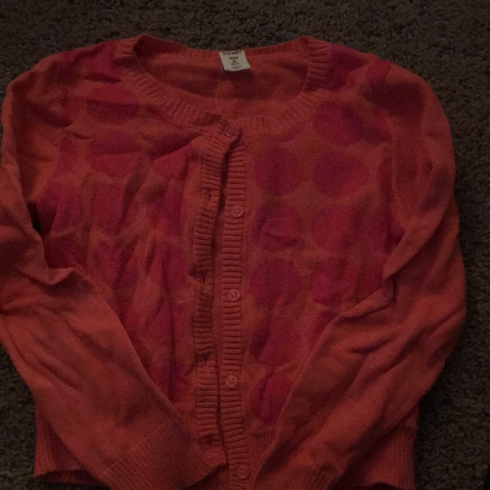 Orange and pink polka dots, button up sweater